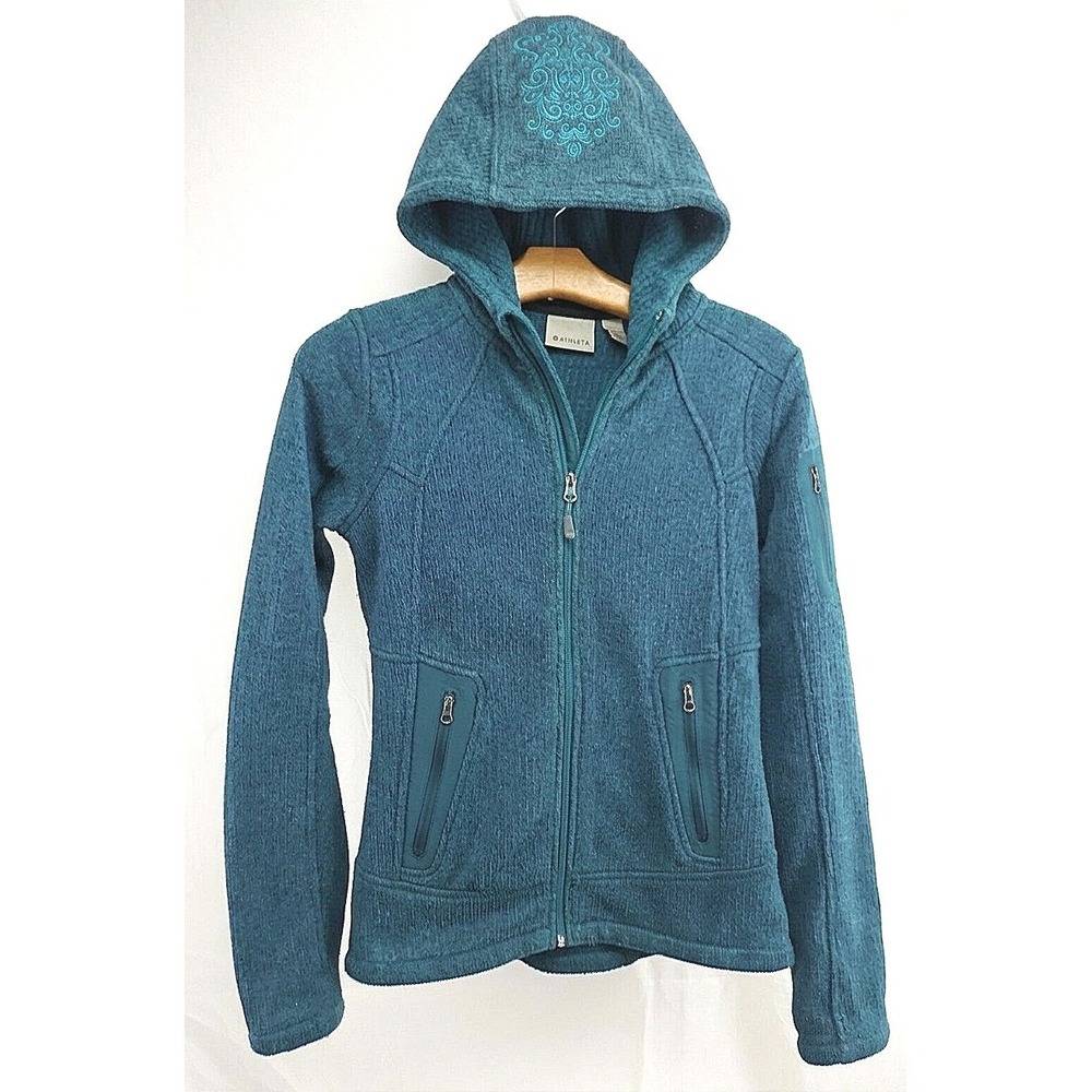 Athleta Teal Sweater Knit Hoodie Gorpcore Yoga Pilates Cozy Jacket Small *Flaw*